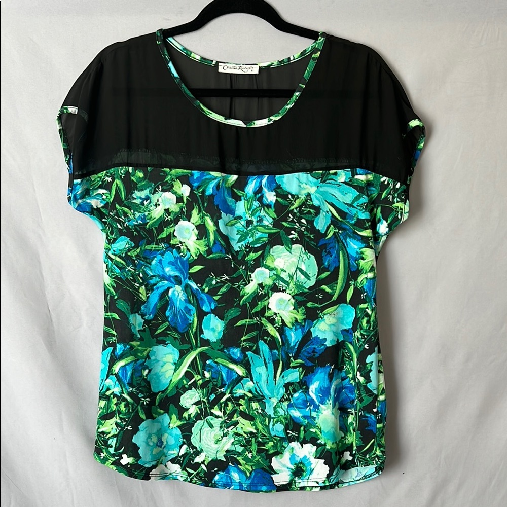 Claudia Richard floral print sheer block cap sleeve top | size M